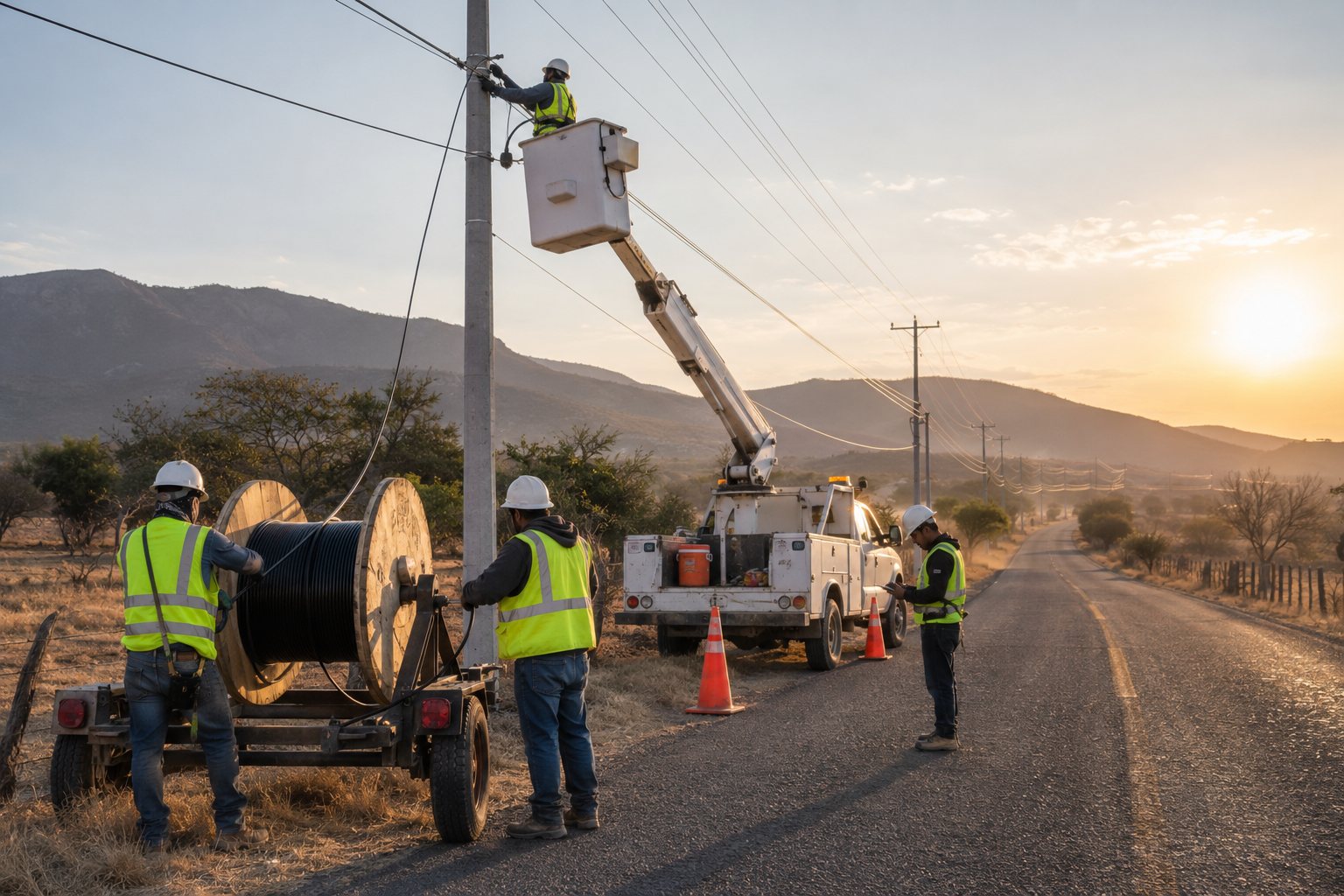 Cuadrilla instalando fibra óptica aérea en carretera rural