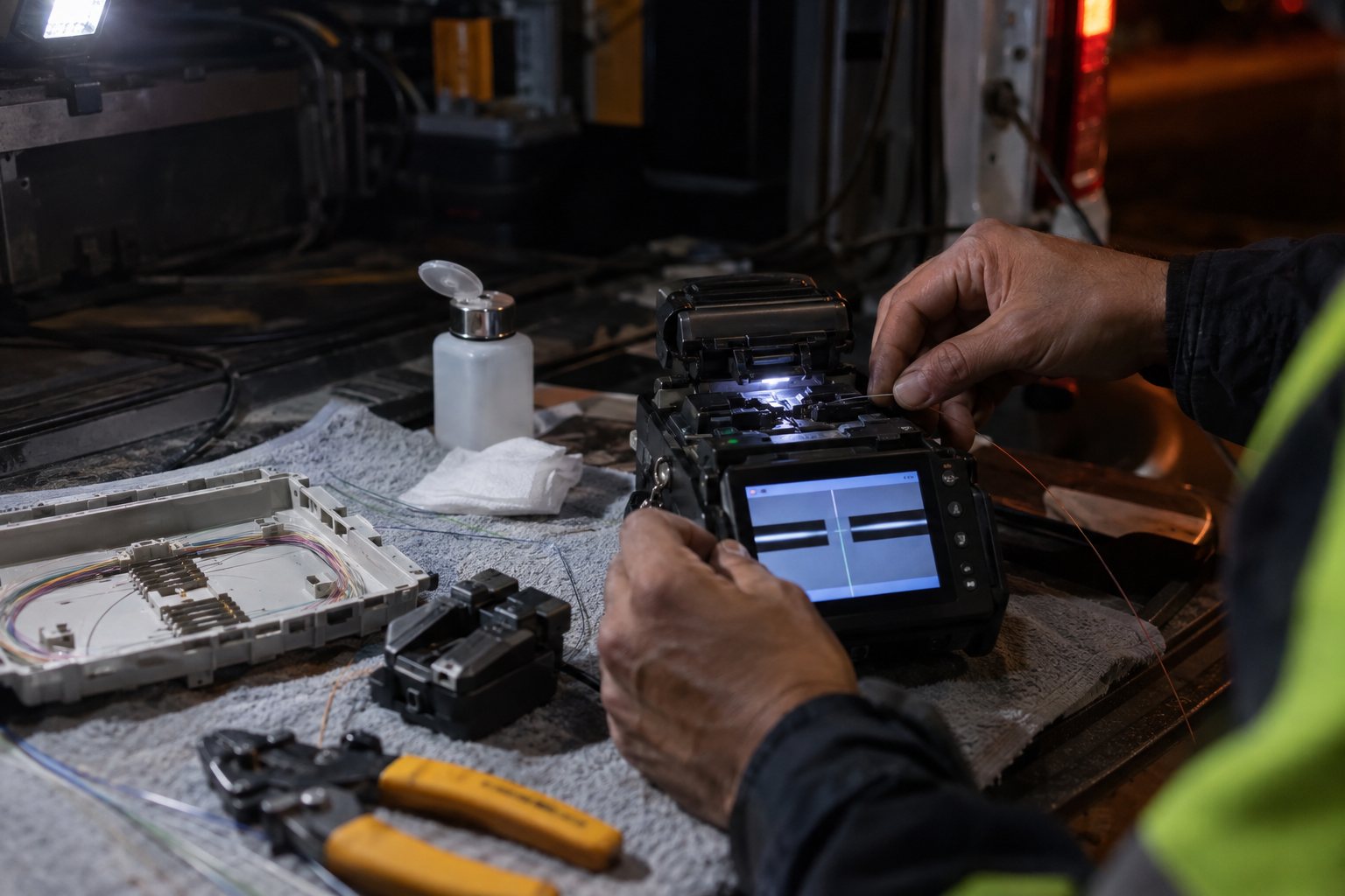 Manos de técnico operando una empalmadora de fusión
