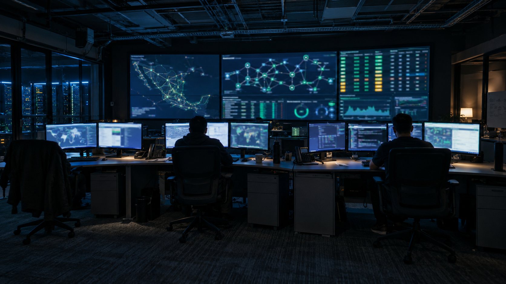 Centro de operaciones de red en turno nocturno