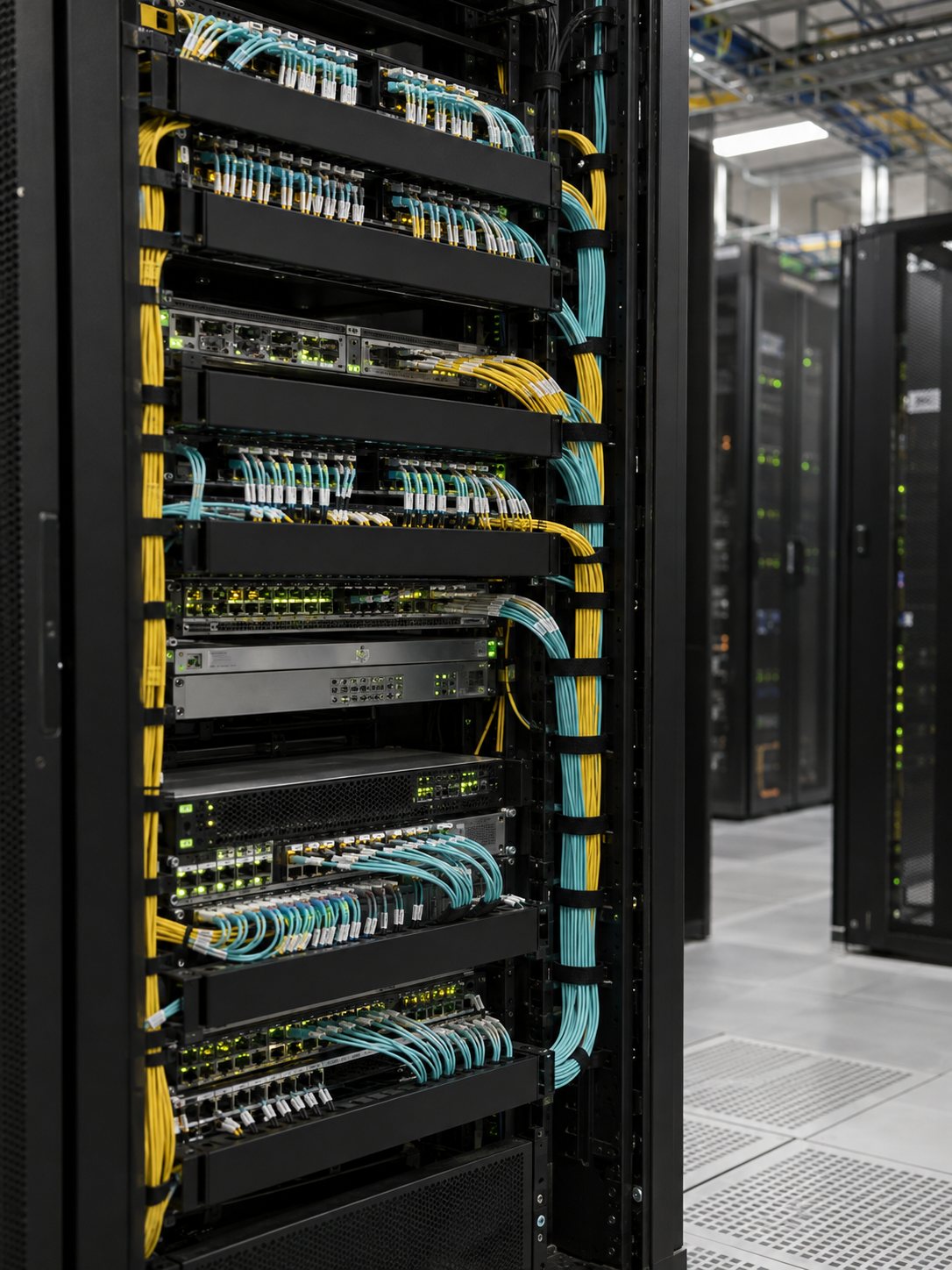 Rack de red con patch cords de fibra ordenados