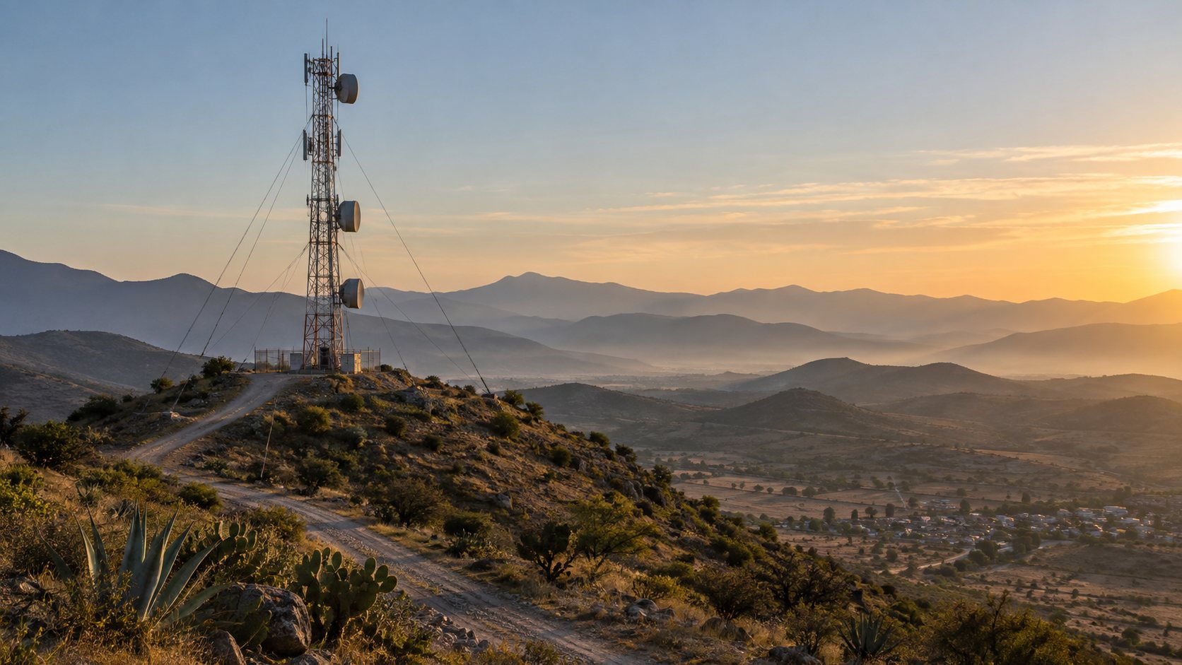 Torre de telecomunicaciones en el altiplano al amanecer