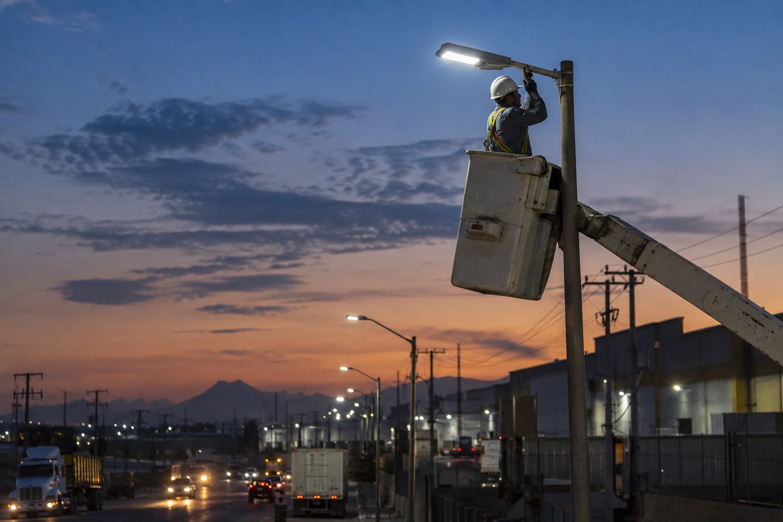 Técnico instalando una luminaria LED de alumbrado público al atardecer