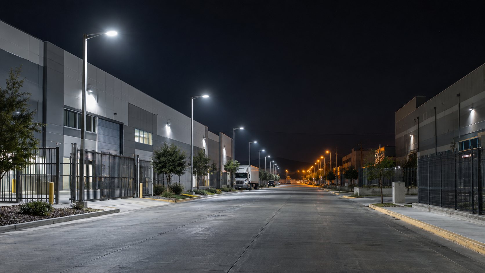 Corredor industrial con iluminación LED junto a alumbrado de sodio