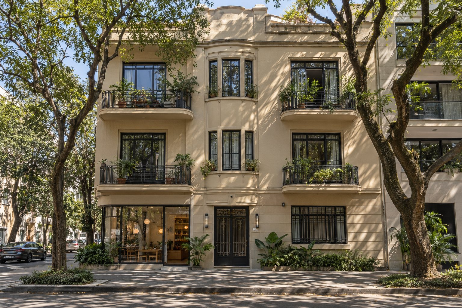 Fachada de edificio de los años 40 rehabilitado en la colonia Condesa