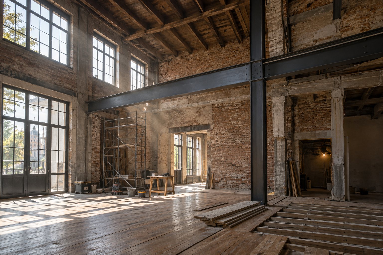 Interior de edificio antiguo en rehabilitación con ladrillo y acero