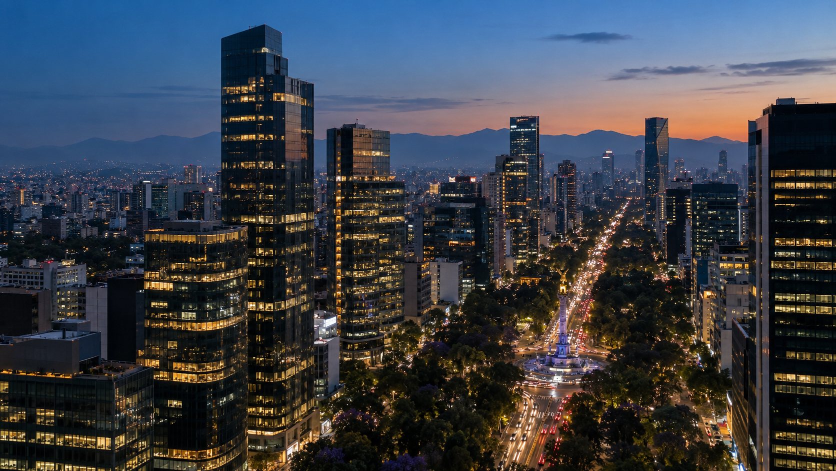 Skyline de Ciudad de México sobre Paseo de la Reforma en la hora azul