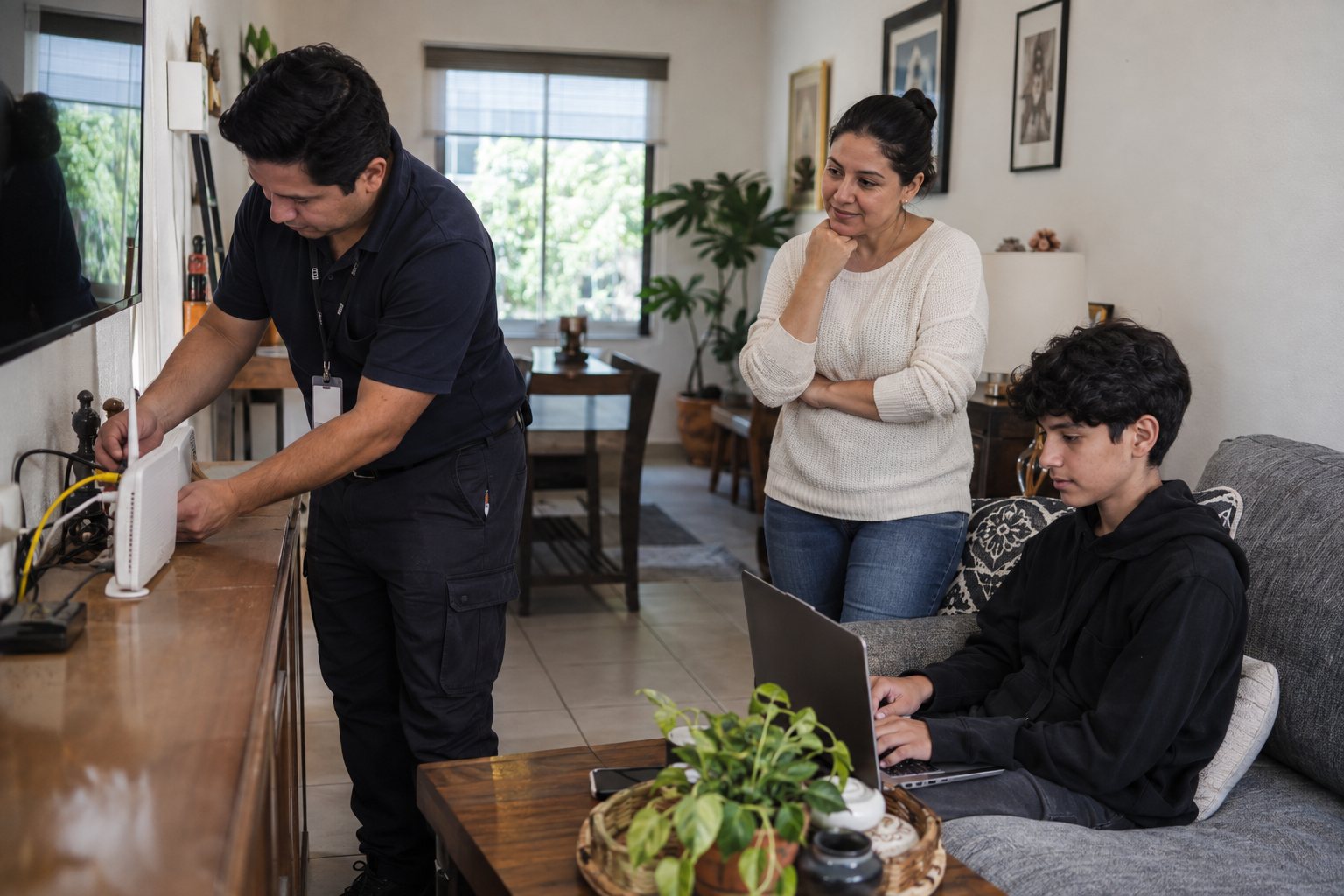 Técnico configurando el módem de fibra en la sala de una familia